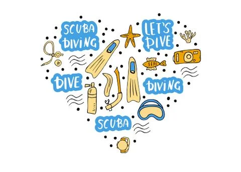 Scuba diving heart concept with elements  and equipment. Underwater activity  Stock Illustration