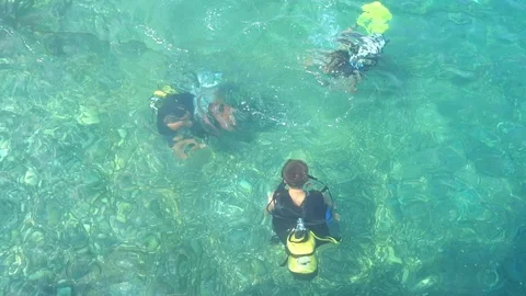 Scuba Diving Instructor And Two Student Divers Are Practicing Mask Vidéo 96529581