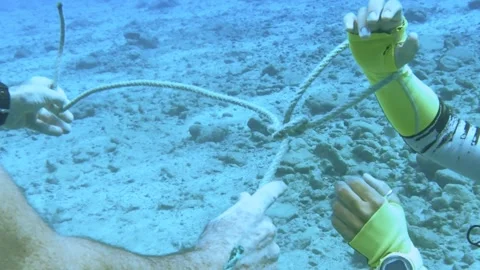 Scuba diving instructor demonstrates student how to tie node underwater during t Stock Footage 260239015