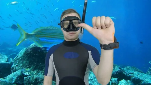 Scuba diving instructor shows signal – which way Stock Footage 127859971