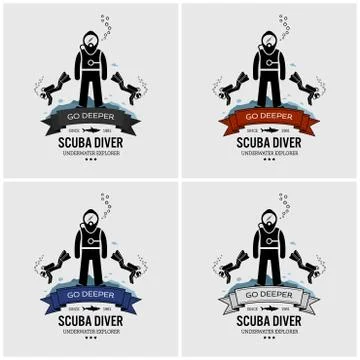 Scuba diving logo design. Vector artwork of scuba diver exploring the underwa Stock Illustration