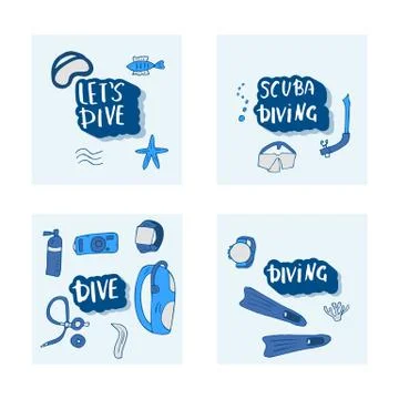 Scuba diving set of cards with elements, lettering  and equipment. Underwater Stock Illustration