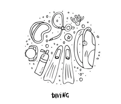 Scuba diving set of elements and equipment. Round badge with underwater activ Illustrazione stock