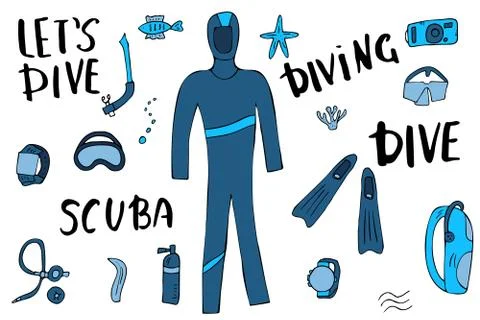 Scuba diving set of elements  and equipment. Underwater activity symbols and  Stock Illustration