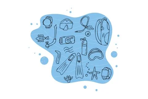 Scuba diving set of elements  and equipment. Underwater activity symbols and  Stock Illustration