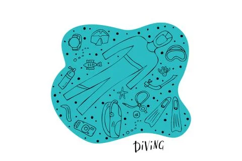 Scuba diving set of elements  and equipment. Underwater activity symbols and  Illustrazione stock