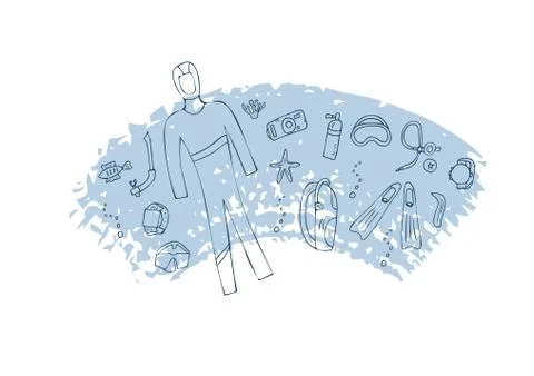 Scuba diving set of elements  and equipment. Underwater activity symbols and  Stock Illustration