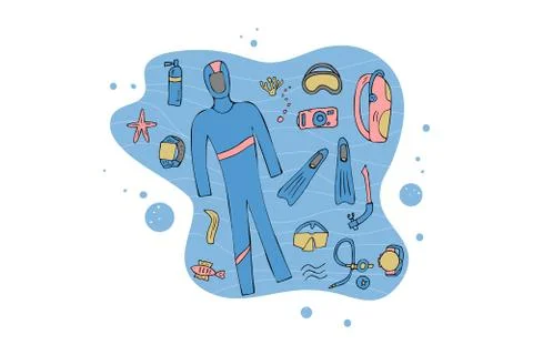 Scuba diving set of elements  and equipment. Underwater activity symbols and  Stock Illustration