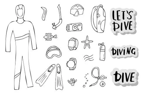 Scuba diving set of elements, lettering and equipment in doodle style. Underw Stock Illustration