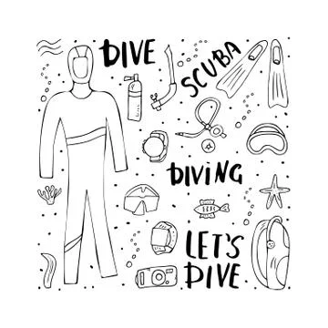 Scuba diving set of elements, lettering and equipment. Underwater activity sy Stock Illustration