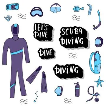 Scuba diving set of elements, lettering  and equipment. Underwater activity s Stock Illustration