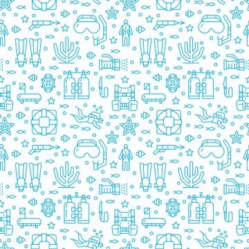 Scuba diving, snorkeling seamless pattern, water sport vector blue background Stock Illustration