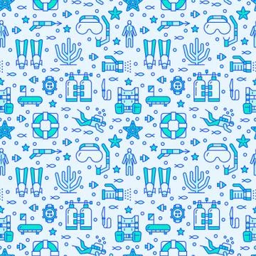 Scuba diving, snorkeling seamless pattern, water sport vector blue background 스톡 일러스트