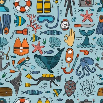 Scuba Diving, underwater activity. Summer vacation, marine life concept. Semless Stock Illustration