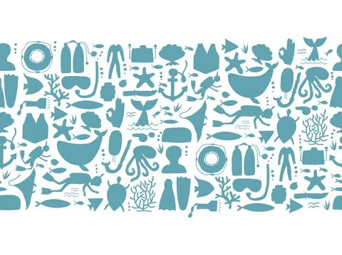 Scuba Diving, underwater activity. Summer vacation, marine life concept. Semless Stock Illustration