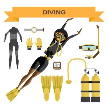 Scuba diving vector equipment. A young afro woman in gear dives. Illustrazione stock