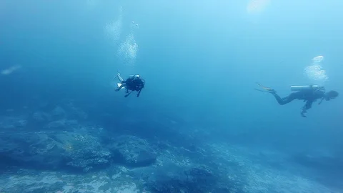SCUBA driver spin rotate in open sea and shake hand travel concept Stock Footage 118486962