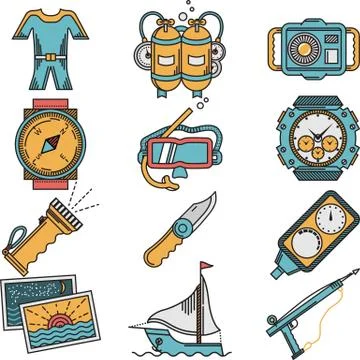 Scuba equipment flat style vector icons Stock Illustration