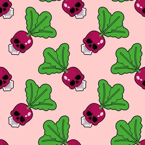Scull Radish pattern seamless. skeleton head vegetable garden plant backgroun Illustrazione stock