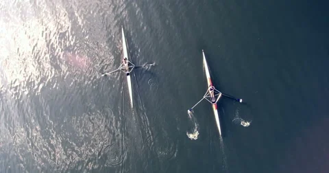 Scull rowing team training. Aerial view 4k super wide Stock Footage 68319120
