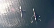 Scull Rowing Team Training. Aerial View 4K Super Wide Stock Footage