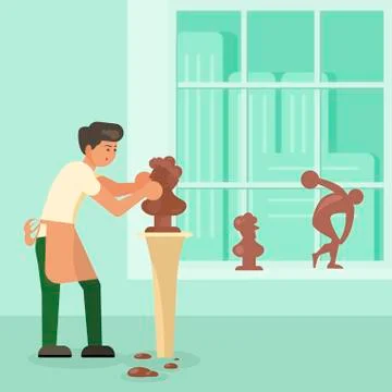 Sculptor modelling human bust vector flat illustration Stock Illustration