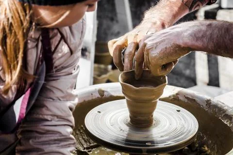 The sculptor models a pitcher Stock Photos