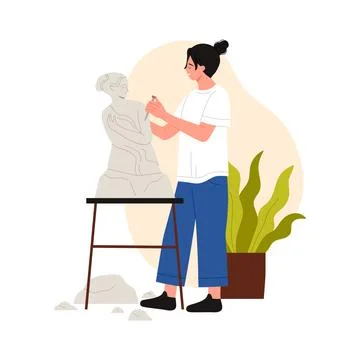 Sculptor working with chisel on stone sculpture of nude woman Illustrazione stock