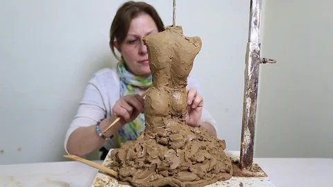 Sculptor Working With Clay Stock Footage 72099292
