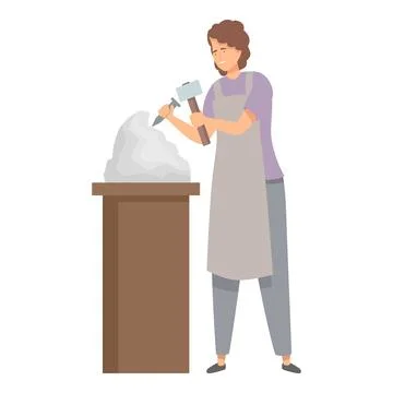 Sculptor working with hammer and chisel creating stone sculpture Illustrazione stock