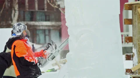 Sculptors using special tools to make ice sculptures Stock Footage 38017554