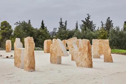 Sculptural composition made of stone in front of the Knesset building in Stock Photos