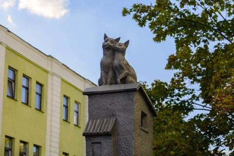 The sculptural composition "Old Town" or "Cats in Love" in Brest. Belarus. Stock Photos