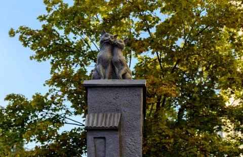 The sculptural composition "Old Town" or "Cats in Love" in Brest. Belarus. Stock Photos