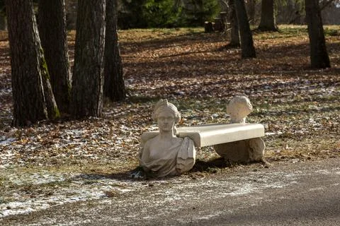 Sculpture bench in the park Stock Photos