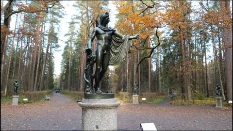 Sculpture composition Apollo and Muses on 12 tracks in Pavlovsk Landscape Park Stock Footage 321187364