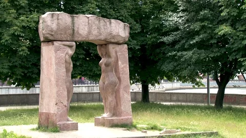 Sculpture composition Peace and Creation in on island of Kant. Stock Footage 112089514