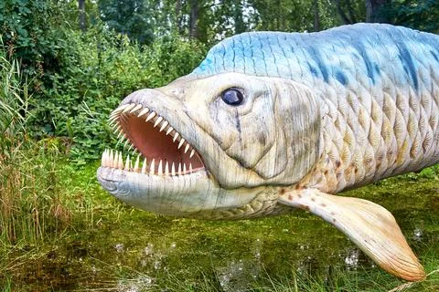 Sculpture of a fish with big sharp teeth. Stock Photos