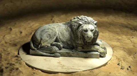 The sculpture of a lion on the platform. Gray marble. Sand. 3d illustration Stock Illustration
