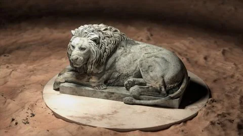 The sculpture of a lion on the platform. Gray marble. Sand. 3d illustration Stock Illustration