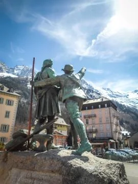 Sculpture in the main square of Chamonix of two mountaineers point to Mont Bl Stock Photos