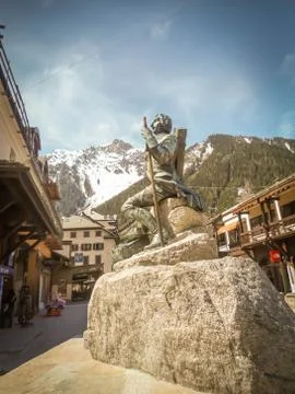 Sculpture in the main square of Chamonix of two mountaineers point to Mont Bl Stock Photos