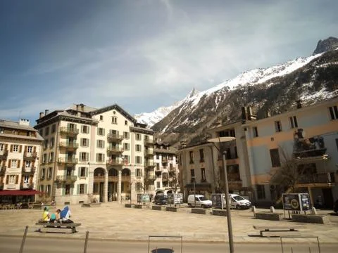 Sculpture in the main square of Chamonix of two mountaineers point to Mont Bl Stock Photos