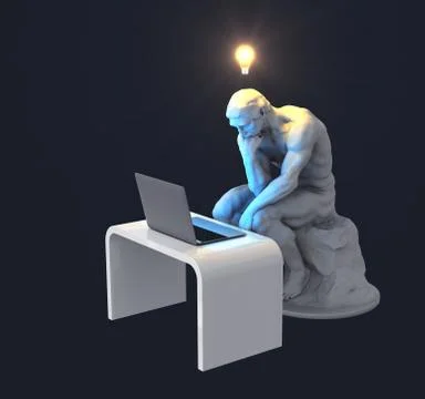 Sculpture Thinker With Laptop And Glowing Light Bulb Over His Head As Symbol Stock Photos
