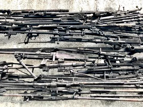 Sculpure of guns on the wall in memory of war in Pula Croatia Stock Photos