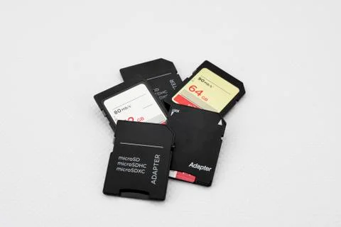 SD and micro SD memory cards with adapters for data and information storage o Stock Photos