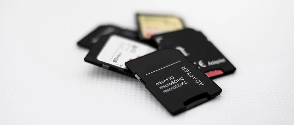 SD and micro SD memory cards with adapters for data and information storage Stock Photos