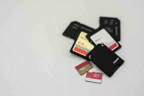 SD and micro SD memory cards with adapters for data and information storage Stock Photos