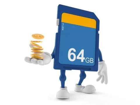 SD card character with stack of coins Illustrazione stock