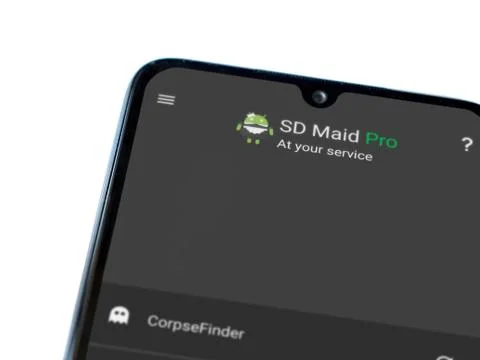 SD Maid app launch screen with logo on the display of a black mobile smartpho Stock Photos
